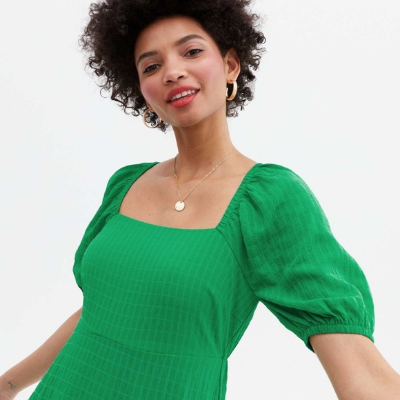 ASOS New Look Green Textured Square Neck Tiered Midi Dress US 6 UK 10 - Picture 2 of 6